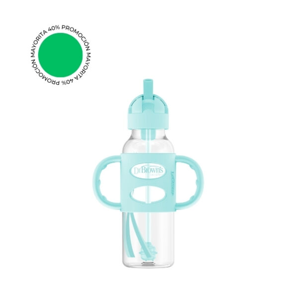 Biberón de Transición con Cañita y Asas de Silicona Boca Estrecha 8oz/250ml - Verde