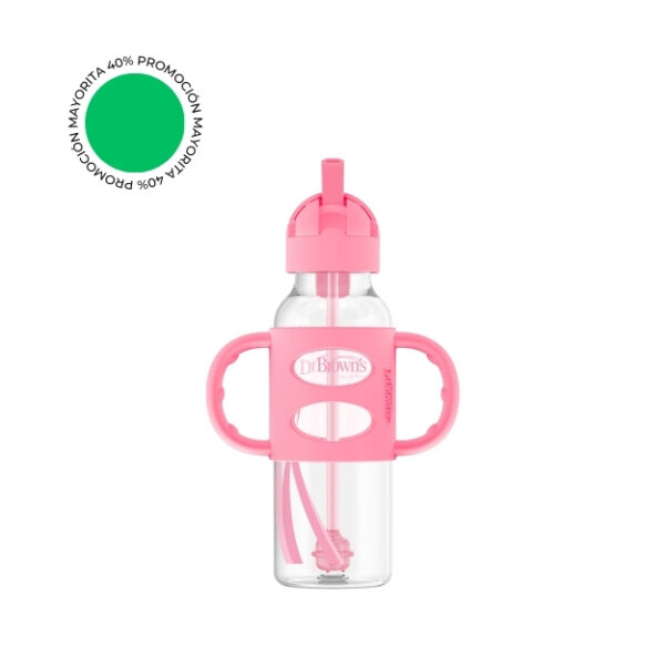 Biberón de Transición con Cañita y Asas de Silicona Boca Estrecha 8oz/250ml - Rosa