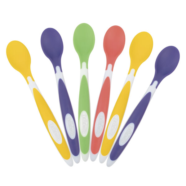 Pack x6 Cucharas de punta suave colores amarillo, verde, morado y rojo